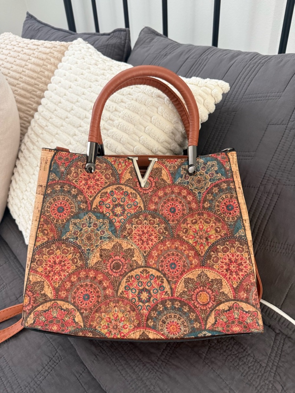 Patterned Mosaic Tote Bag with Brown Handles